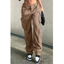 Chic Girls Pants Solid Zip Fly Flap Pockets Low Waist Lace Up Cargo Pants
