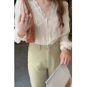 Stylish Womens Shirt Solid Color Lace Panel V Neck Button Up Puff-Sleeve Shirt