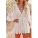 Creative White A-Line Dress Lace Patchwork Deep V-Neck Batwing Sleeve Mini Dress for Women