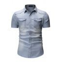 Vintage Mens Denim Shirt Plain Short Sleeve Turn-down Collar Regular Fit Button Shirt