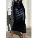 Trendy Ladies Skirt Plain PU Leather Split Hem Sashes Maxi Asymmetrical Skirt