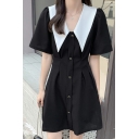 Modern Ladies Dress Solid V-Neck Button Down Short Sleeve Mini A-Line Dress