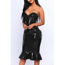 Leisure Womens PU Dress Solid Color Strapless Midi Dress with Ruffles