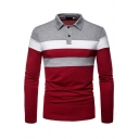 Elegant Men's Polo Shirt Stripe Pattern Turn-down Collar Long Sleeves Slimming Polo Shirt