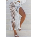 Sexy Womens Beach Skirt Split Side Fish Net Fringe Detail Midi Knit Skirt in White