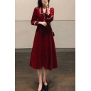 Classic Women A-Line Dress Spread Collar Lace Decorated Long Sleeve Midi Dress