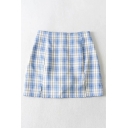 Classic A-Line Skirt Split Decorated Plaid Pattern Mini Skirt for Ladies