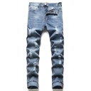 Boy's Cool Jeans Plain Pocket Zip Placket Mid Rise Long Length Distressed Straight Jeans