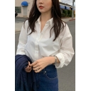 Casual Ladies Shirt Lapel Collar Button Up Long Sleeve Relaxed Fit Shirt in White