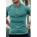 Casual Mens Polo Shirt Plain Button Closure Spread Collar Slim Fit Polo Shirt
