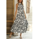 Vintage Womens Maxi Dress Floral Pattern Tie Waist Sleeveless A-Line Dress
