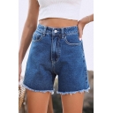 Simplicity Ladies Denim Shorts High Waist Zipper Closure Frayed Hem Acid Wash Regular Fit Denim Shorts
