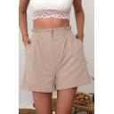 Leisure Womens Shorts Solid Color Elastic Waist Button Detail Relaxed Turn Up Shorts