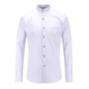 Vintage Mens Shirt Plain Long Sleeve Stand Collar Regular Fit Button Shirt