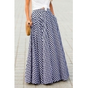 Modern Womens Skirt Plaid Elastic Waist High Rise Maxi Pleated Skirt