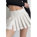 Sexy Girls Skirt Plain Color Elastic Waist High Rise Split Hem Mini Pleated Skirt