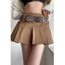 Stylish Womens Skater Skirt Solid Color Mini A-Line Skirt with Belt
