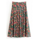 Vintage Womens Skirt Floral Pattern Pleated Midi Skirt in Brown