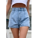 Leisure Womens Shorts Solid Color Zip Fly High Rise Pleated Straight Denim Shorts