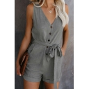 Modern Ladies Rompers Solid Color V-Neck Button Down Bow-Tied Sleeveless Turn Up Rompers