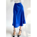 Casual Ladies Skirt Plain Satin Midi A-Line Skirt
