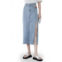Vintage Girls Skirt Plain High Waist Split Hem Midi Denim Tube Skirt