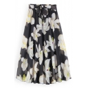 Fancy Ladies Skirt Flowers Printed Bow-Tied Midi Flared Skirt