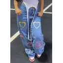 Chic Girls Jeans Heart Printed Zip Fly High Waist Pockets Detail Wide Leg Denim Pants
