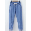 Simple Womens Jeans Midwash Blue Drawstring Waist Ripped Turn Up Straight Denim Pants