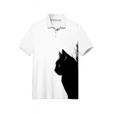 Popular Mens Polo Shirt Cat Pattern Button Detail Turn-down Collar Regular Fit Polo Shirt