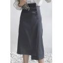 Modern Womens Skirt Plain Button Asymmetrical Hem Midi Pencil Skirt