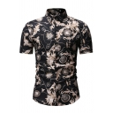 Retro Mens Shirt Floral Pattern Turn-down Collar Slim Fitted Short Sleeve Button Up Shirt