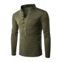 Men's Casual T-Shirt Pure Color Long Sleeve Button Detail Stand Collar Regular Fit T-Shirt