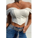 Creative PU Cropped Top Pure Color Off the Shoulder Splicing Mesh Irregular Hem Slim Fit Tank Top for Women