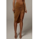 Stylish Womens Asymmetrical Skirt Plain Split Front Ruched Decorated Slim Fit Midi Skirt