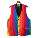 Men Leisure Suit Vest Stripe Pattern V Neck Sleeveless Loose Fit Button Closure Suit Vest
