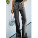 Retro Ladies Jeans Mid Waist Zip Closure Split Hem Long Straight Jeans with Washing Effect