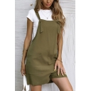 Leisure Womens Overalls Solid Color Pockets Detail Regular Fitted Sleeveless Short Overalls