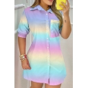 Modern Ladies Shirt Color Block Spread Collar Button Downs Chest Pocket Short Puff Sleeve Tunics Shirt