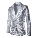 Guys Dashing Suit Silver Shiny Printed Long Sleeve Slim Fit Lapel Collar Button Down Suit
