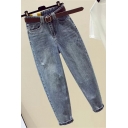 Trendy Womens Girlfriend Jeans Ripped High Waist Zipper Fly Full Length Tapered Jeans