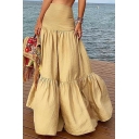 Elegant Womens Skirt Solid High Waist Maxi Ruffle Skirt