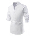 Daily Mens Shirt Plain Long Sleeve Stand Collar Regular Fit Shirt