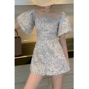 Elegant Ladies Rompers Floral Pattern Off the Shoulder Short Puff Sleeve Relaxed Rompers