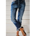 Vintage Womens Jeans Crinkle Drawstring Waist Turn Up Darkwash Blue Ankle Grazers Denim Pants