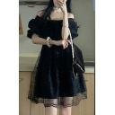 Stylish Girls Dress Solid Color Square Neck Bow Short Puff Sleeve Lace Mini A-Line Dress