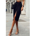 Casual Womens Skirt Solid Ruched Split Hem Midi Wrap Skirt