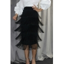 Trendy Womens Skirt Plain Tassel High Waist Midi Pencil Skirt