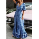 Fancy Womens Beach Dress Floral Pattern V-Neck Short Flare Sleeve Bow Elastic Waist Maxi Ruffle Dress