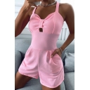 Simple Ladies Rompers Pure Color Sweetheart Neckline Hollow Detail Regular Fitted Rompers